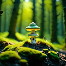 "Close up of a wonderful tiny Mushroom Tower home. Yellow and green with bright white, deep black and contrasting tones of gray. Illuminated bioluminescent forest. Professional painter, master at composition. small but detailed. broken, blurred background, voluminous lighting"