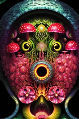 Illustration, Psychedelic art, human eye in a forest full of colourful mushrooms, vivid colours, intricate details, maze, gears, in the style of H.R.Giger, , ultra detailed, photorealistic, top light, 35mm lens, fish-eye