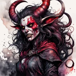 highly detailed full color, ink wash and watercolor concept illustration of an ancient, haggard, world weary, female Mephistopheles Tiefling anti heroine character , maximalist, sharp focus, highest resolution, in the styles of Alex Pardee, Denis Forkas , Bill Sienkiewicz, and Masahiro Ito, boldly inked, 8k, coarse, gritty textures