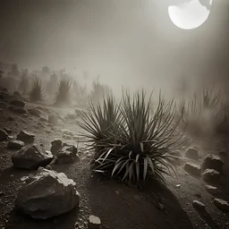 A striking quality Kodak photograph captures a wasteland with a group of plants, creepy, details of the dust very accentuated, glossy organic mass, adorned with minerals and rocks. Bathed in intense light, eerie, Max Ernst style, black sun, fog