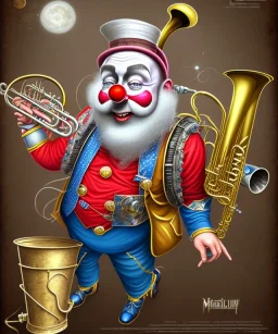 mechanoid happy old friendly fat clown with trimmed beard playing jazz with a steampunk theme, trumpet, realistic