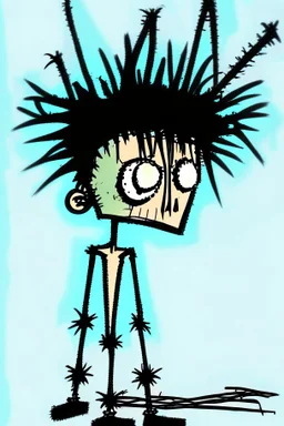 2d drawing of a stickman, cool with punk hair, x eyes like in hangman, dead on stomach ,3d realistic in colour