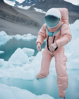 Fashion film in the icefields of Patagonia, a stunning supermodel in an incomplete Astronaut pink bronze suit discover the icefields and giant iceblocks and icebergs using stunning poses we can see her face through the glass . Supreme landscape, inticate background and a minimalist composition that creates a great megalophobia effect. Old lens, old Kodak vision filmstock, 1600 iso.