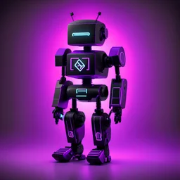 black and purple neon geometric bipedal robot with no arms that has a plus sign symbol for the 'eye' in a black monochrome world