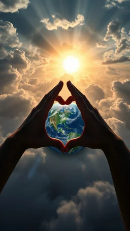 Sun light above swirling clouds, emerges from the heart of a raging storm. Turbulent winds of steam swirl around the earth lit by shafts of sunlight that cast dramatic shadows on the A beautiful hands making a heart shape sign around it , High quality 16k cinematic scene and great photography