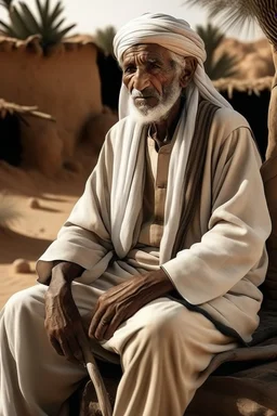 Old man, Arab, turban, white clothes, cattle, desert, council, sun, palm trees, mud houses, holding a stick, looking forward, a very slight smile.,Sitting on a chair,long beard