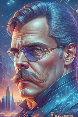 Best quality, masterpiece, ultra high definition,Futuristic, cyberpunk, Friedrich Nietzsche,Comic style