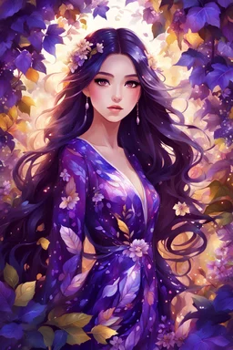 Beautiful anime girl with long dark shiny hair in glitter floral dress, big lovely hazel eyes, surrounded by purple vines and leaves, digital painting, vibrant colors
