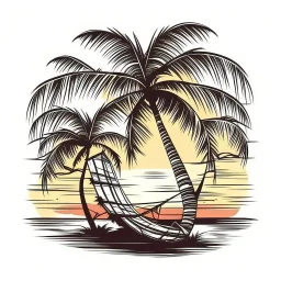 A palm tree and hammock, tropical, tranquil, sunset lighting, T-shirt design graphic, vector, contour, white background