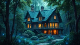 mysterious retrofuturistic house, surrounded by lush green forest and blue fireflies, detailed luminescent magical realism painting 4 k realistic by and gustave courbet with ents and birds and birds by Denis Sarazhin and klimt wearing detailed retrofuturistic sci-fi RPG
