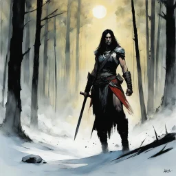 [art by Alex Maleev] THE DEATH DEALER: tribeless barbarian in a large forest that, after the end of the Ice Age, will one day become the Mediterranean sea. When the Mongol-esque Kitzaak Horde invade the forest, various parties try to recruit Gath's aid to defend against them. One of them, the beautiful sorceress Cobra, gives Gath a helmet possessed by the god of death. The helmet gives him godlike power but at the same time tries to break Gath to its will. With the help of the worldly travelling