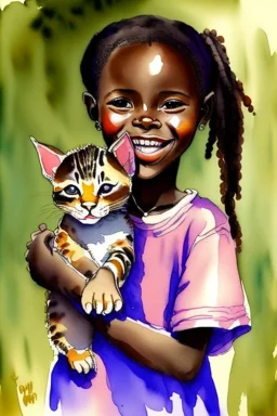 A cute smiling african girl is holding a kitten. Watercolour