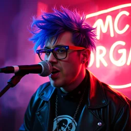A MC performing at dance club, his name MC DRAGAN and looks crazy, crazy blue hair with Elvis Costello glasses. Neon lights and smog, MC DRAGAN SIGN ON WALL