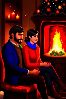 Fire place Christmas scene, dark haired couple, man with short black beard, blue eyes, young couple, graphic