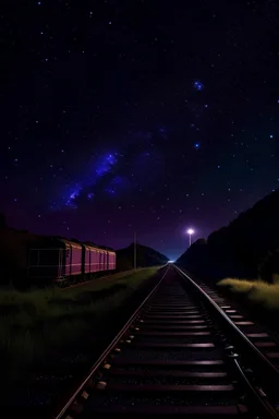 A purple night sky with lots of stars and narrow, gauge railway