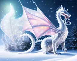 mdjrny-v4 style, a white dragon with fairy-like transparent glowing and sparkly wings standing in snow, full body, silver and teal background, glowing soft and smooth wings, realistic, highly detailed intricately detailed, shiny snowy background, soft studio lighting, trending on artstation, by artist "Julie Bell", by artist "Greg Rutkowski"