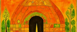 A yellowish orange colored brimstone vault with lava and crystals designed in African pottery painted by Paul Klee