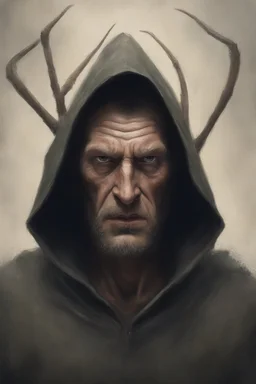 The hooded giant man who has a face looks like an ant. Busch painting style