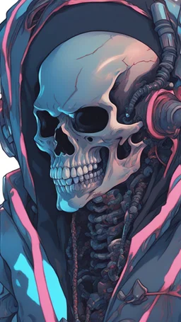 a close up of a person with a skull on their head, blue and black colors, anime skull portrait man, scary detailed art in color, hiroyuki-mitsume takahashi, nychos art aesthetic, half man half skeleton, anime cyberpunk art, colored manga art, rossdraws pastel vibrant, hot colors. insanely detailed, beautiful anime portrait, stunning anime face portrait, scary art in color
