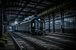 An old vintage train station on a foggy day, add deep dark color and reflections in and around the old stempunk train