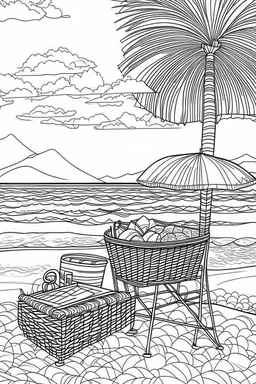 Outline art for coloring page, ONE LARGE SQUARE PICNIC BASKET WITH TWO HANDLES ON A BEACH TOWEL UNDER A TALL BEACH UMBRELLA, HAWAII BEACH, VOLCANO ISLANDS IN THE DISTANCE, coloring page, white background, Sketch style, only use outline, clean line art, white background, no shadows, no shading, no color, clear