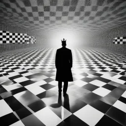 In the realm of the surreal and the ethereal, a peculiar scene unfolds before my mind's eye: a man, dressed regally as a king, stands upon a giant chessboard. The checkered squares stretch endlessly in all directions, each one a mirror of its neighbor, creating a mesmerizing pattern that seems to ripple and shift with unseen energy. The man, his royal attire resplendent and intricate, exudes an air of authority and wisdom, yet there is a hint of confusion in his expression. For he stands in the