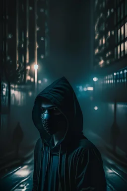 Lonely high school student wearing mask in dark city night