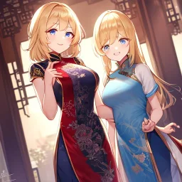 Clear focus,High resolution, Blonde hair, and blue eyes, kawaii style, wearing a Chinese Traditional dress