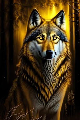 Portrait of an Golden Wolf Fur Gold/Brown large wolf with Bright gold eyes with the background of a forest at night