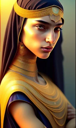 Arab young woman ,Arabic features، cute, beautiful, black eyes,Natural contours, real skin ,Modest Arabic style dress، head and shoulders portrait, cinematic, 8k, resolution concept art portrait by Greg Rutkowski, Artgerm, WLOP, Alphonse Mucha dynamic lighting hyperdetailed intricately detailed