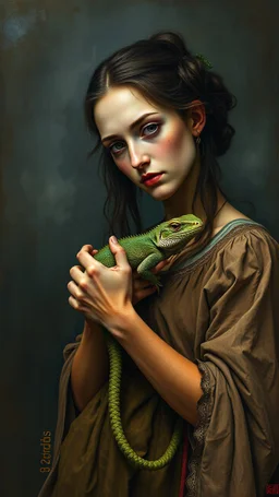 Hieronymus Bosch and Van Gogh styles , a woman holding a lizard looking at you In foggy smoky background