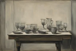 Dishes and glasses on a table in the style of Vilhelm hammerschoi