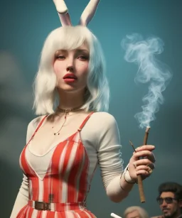 Ultra realistic photographic party portrait, sound club, wide-angle lens, couple, cinematic, happy blonde woman smoking a shisha pipe, accompanied by big white rabbit friend, hot, circus dress style, marihuana plants, color smoke, soft color, highly detailed, unreal engine 5, ray tracing, RTX, lumen lighting, ultra detail, volumetric lighting, high definition.