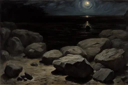 Night, rocks, one person, begginer's landscape, friedrich eckenfelder and willem maris impressionism paintings
