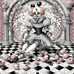 Storybook illustration of a Pierrot Clown, black and white with pink accents, Beardsely style, art nouveau elements, vintage drawing, pierrot vintage, black and white marble floor