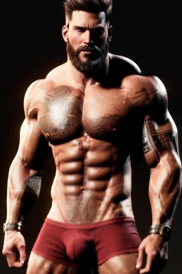 Ignore NSFW, teenager young rugged attractive slightly muscular fantastic handsome man, red briefs with yellow belt, hairy chest, (((visibly pisssing))) briefs, large erect visible boner peniss, photorealistic, artist Jay Anacleto, soft lighting, scruffy beard