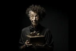 Generate an 8K UHD image of a 65-year-old skinny, curly-haired lady eagerly unwrapping a massive gift. Delicate hands embrace the present, her right hand holding a large, shiny piece of coal. Her face, a masterpiece of contradictions—wrinkled forehead and squinted eyes betray trapped desperation, while her wide-open mouth emits a scream of rage so intense that saliva flies. Capture the collision of emotions, depicting the woman on the brink of joy and desperation as she confronts the culmination