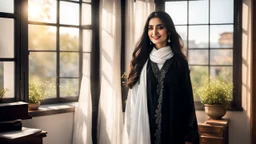 Hyper Realistic Photographic View Of A Gorgeous Pashto Young Woman (Wearing Long Black Coat With White Dress With Black Embroidery & Wearing Plain White Dupatta On Her Neck) Alone Happily Standing & Smiling In Her Office Room With Her Beautiful Long Black Hair With Sun Rays Coming From A Fancy Window At Her Back, With A Little Garden View From Outside WIndow Showing Dramatic & Cinematic Ambiance.