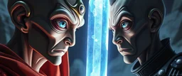 Close-up confrontation between an ancient alien outcast leader and a space broker, standing only a meter apart, clear big real eyes, huge glowing crystalline rod between them, anger mixed with sadness, dramatic facial expressions, shallow depth of field, cinematic lighting, stylized 3D anime, airbrush painting, crisp outlines