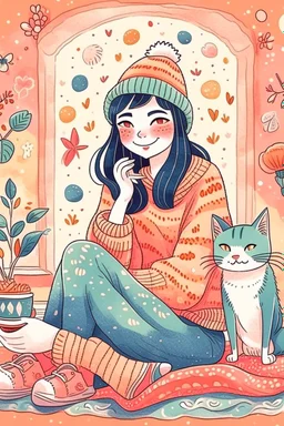 cozy vibes art girl with cat