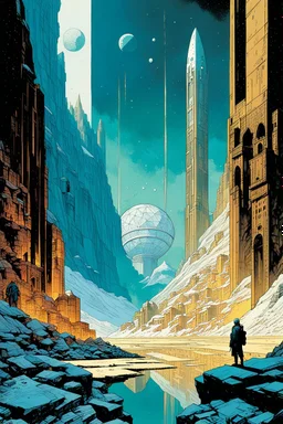 create an ethereal, otherworldly ancient alien city set in a vast glacial wilderness utilizing sacred geometry, Fibonacci sequence, golden ratio, in the comic book art style of Mike Mignola, Bill Sienkiewicz, and Jean Giraud Moebius, with highly detailed and finely inked , dramatic natural lighting