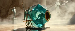 FOLLY, roman athlete guardian of xtal artifact, oracle smoke, perfect geometry, niad, greek gods and heroes, the chariot, the fool and the tower tarot card disaster rendered in magnificient 4d glossy marble stones reflective and wet, like mirrors, winding stairs, watchers, statues of perfect transparent dented glass octahedron dice spaceship with oval interference door, wheeled vessel