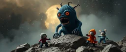 horrible space mother monster masked as a rock, scaring the knitted heroes