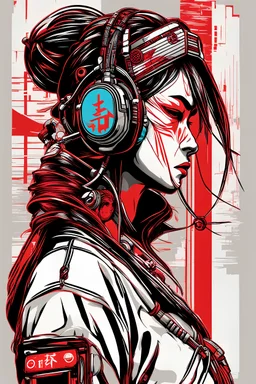 vector t-shirt design ready to print, cyberpunk, illustration profile of red led female samurai in a mask, wearing over head headphones staring down, side view looking to the right, tokyo Japanese background, pro vector, high detail, vibrant, Japanese hologram symbols, barcode design