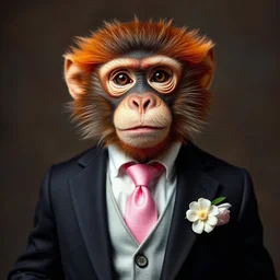 Front view monkey posing in studio,Cool monkey posing in studio,,Monkey wearing suit in studio,A dressed-up monkey with a distinctively human-like expression, featuring a Deep suit, white dress shirt, and a pink patterned tie. The monkey has fluffy orange and brown fur, and a white flower pinned to the lapel. The background is softly blurred, focusing attention on the monkey's formal attire and expressive face.a realistic image