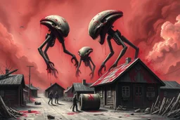 h.r giger style art, aliens attacking a small town and killing the inhabitants, blood