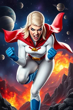 Karen Starr, full body, superhero landing pose, young athletic white female, crew cut bleach-blonde hair, blue eyes, thick black eyebrows, round face, semi-pointed chin, muscular build. Wearing white long-sleeved bodysuit with high collar, blue elbow gloves, red belt with gold buckle, red cape, blue knee boots. Snarling expression, sharp fangs. Background: outer space, planets, stars, galaxies, fire, explosions, volcanic lava, craggy peaks. Photorealistic