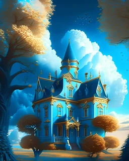 Perspectiva Casa estilo gótico moderna obra de arte detallada elegante fina proporción aurea 8k gente árboles iluminación cinematografica clima soleado cielo azul nubes