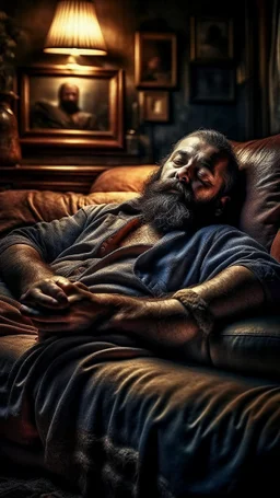 photorealistic, photography, full figure shot, an hairy men sleeping over an old sofa, hands behind the neck, Realistic photography, well defined facial features, strong muscular chubby sweat dirty arab, shirtless, ugly , 43 years old , open legs, manly chest, big shoulders, manly torso, long beard, dirty ripped tracksuit , very dark living room, dim light, ambient occlusion, view angle from below, frontal view from the ground