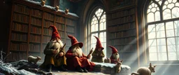 la familia in winter glow, master oil painting by Rembrandt, magia spy gnomes soap opera poster, huge multi level archeive, library, woodland creatures, motion blur, background mist, light beam from windows
